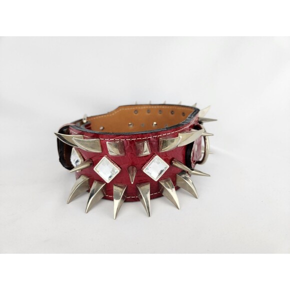 High Quality Genuine Leather Spiked Studded Dog Collar Large Breeds Red‎ Jeweled - Picture 2 of 16